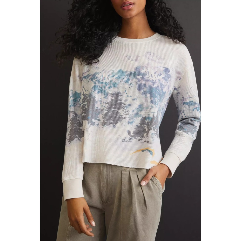 By Anthropologie Snow Day Cropped Waffle Knit Top In Cream Blue Size XS